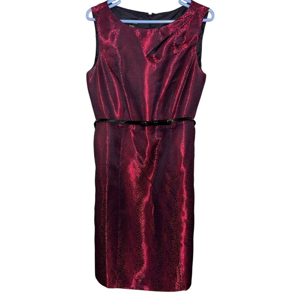 Black Label by Evan-Picone women’s red black shimmer belted sheath dress size 12